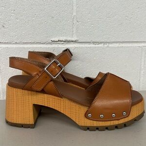 Mia Sz 10 clogs brown tan wooden heels open toe studded boho ankle strap heel